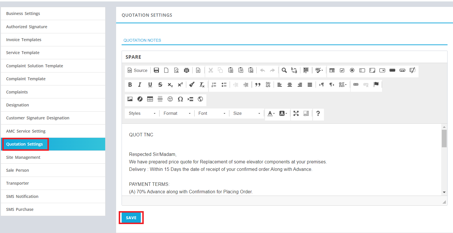 Quatation settings