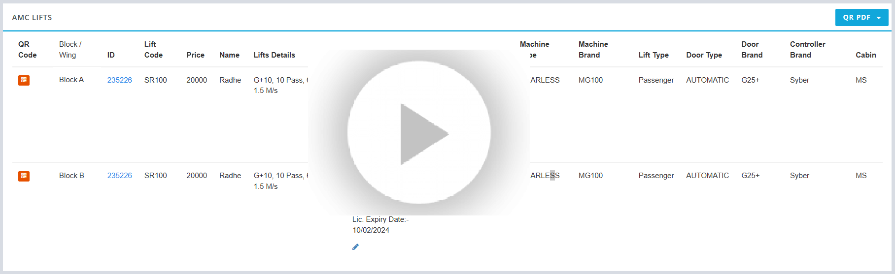Generate Lift Wise QR Code in elevator AMC Software